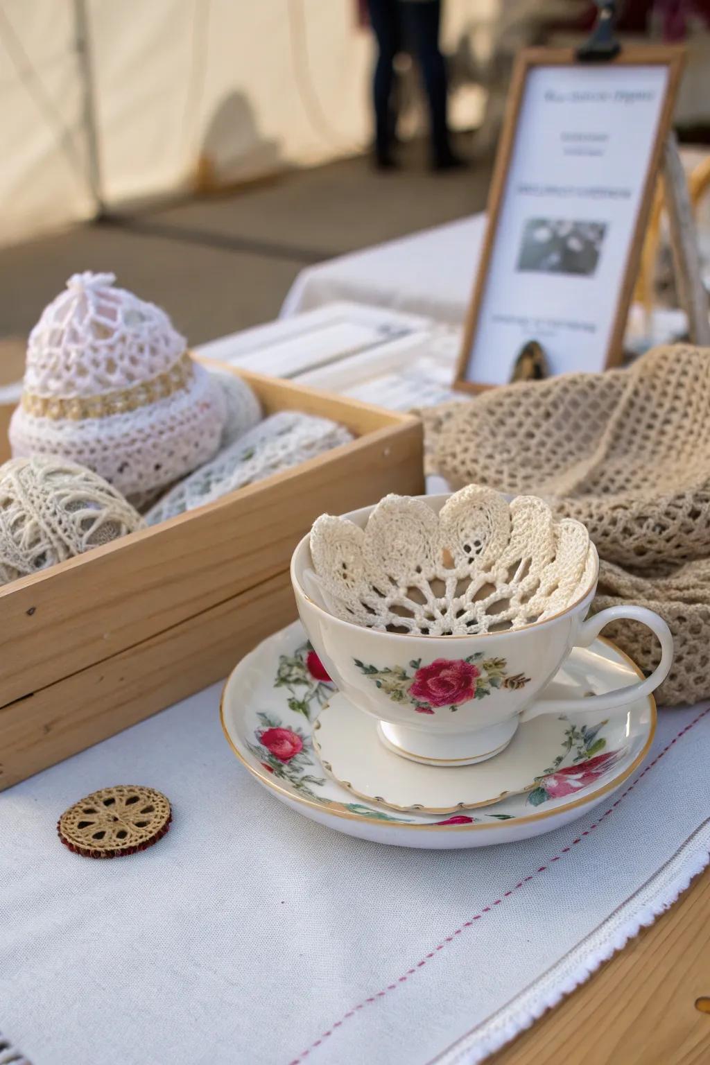 Refine your craft fair display with whimsical allure utilizing unforeseen receptacles like heritage teacups.