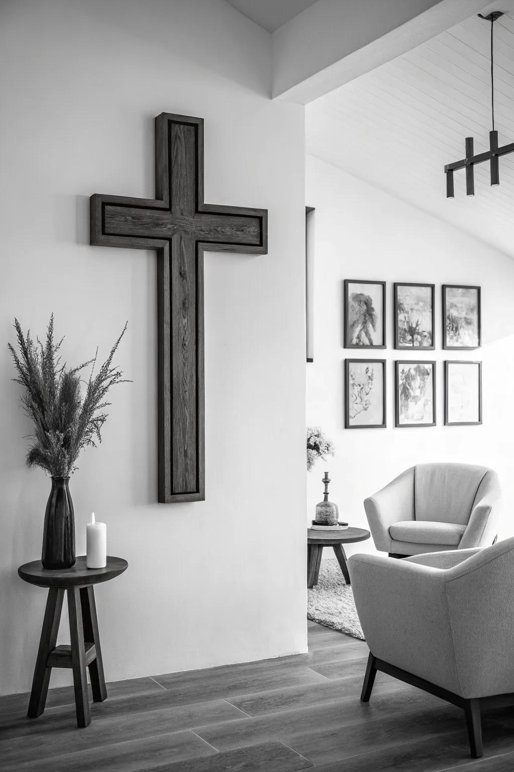 Monochrome cross wall decor for a modern aesthetic.
