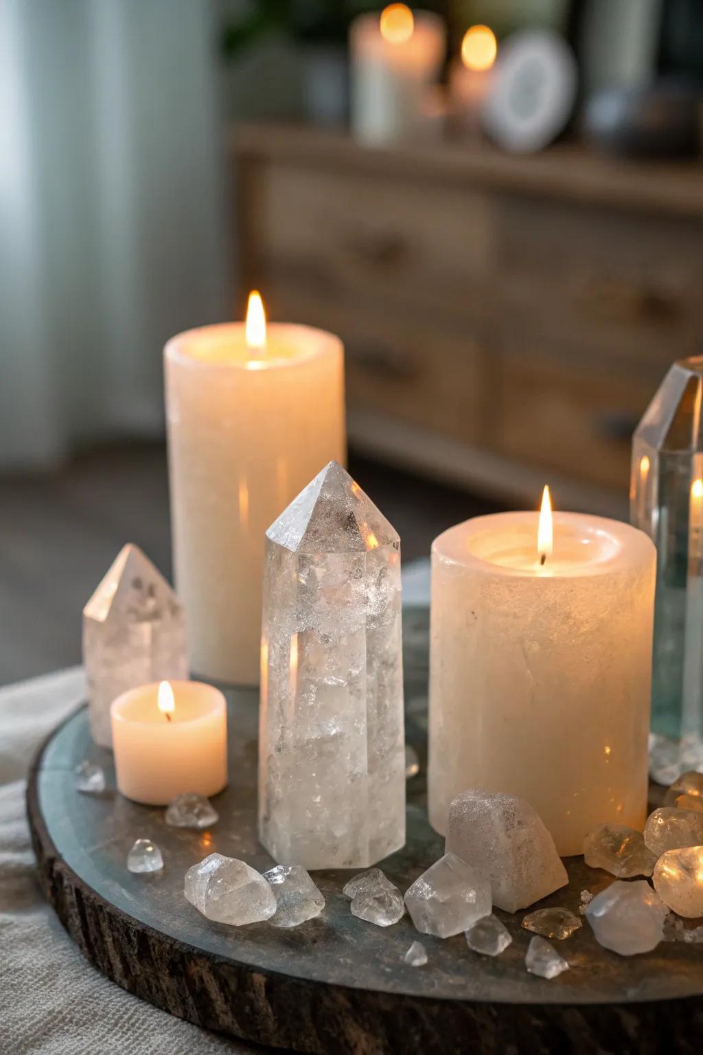 Transparent quartz gems enhancing the radiance of candlelight.