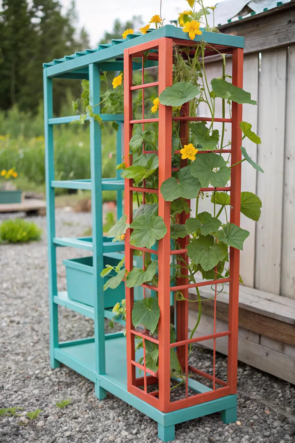 Transform your garden with a vibrant, repurposed wardrobe system support that unifies functionality with artistic expression!