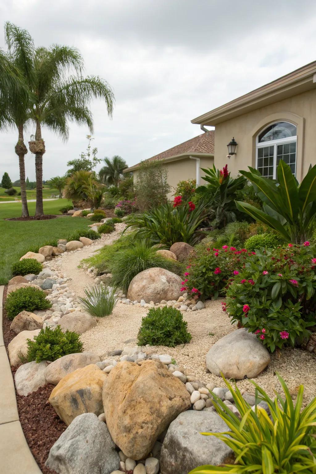 Rock arrangements provide natural beauty with easy upkeep.
