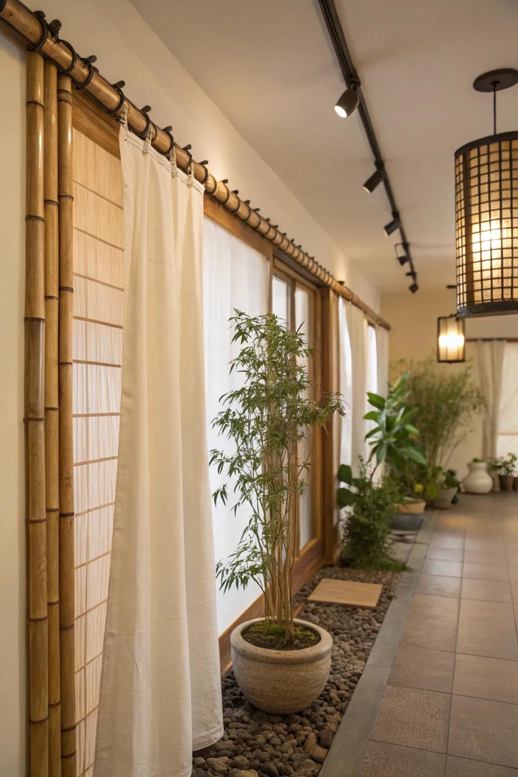 Cane curtain rods usher innate refinement and ecologically sound aesthetic.