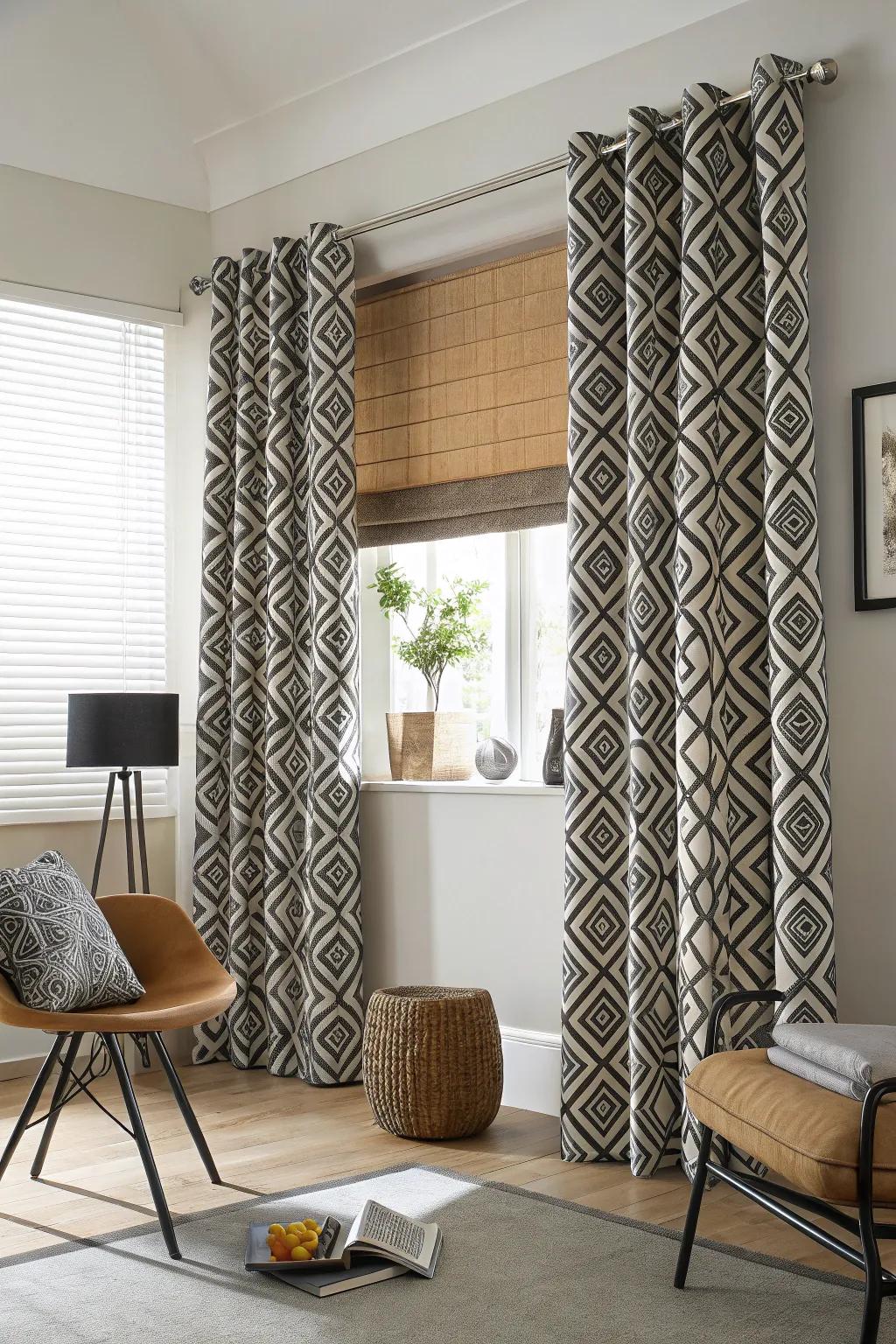 Geometric designs furnish a modern revision over blinds.