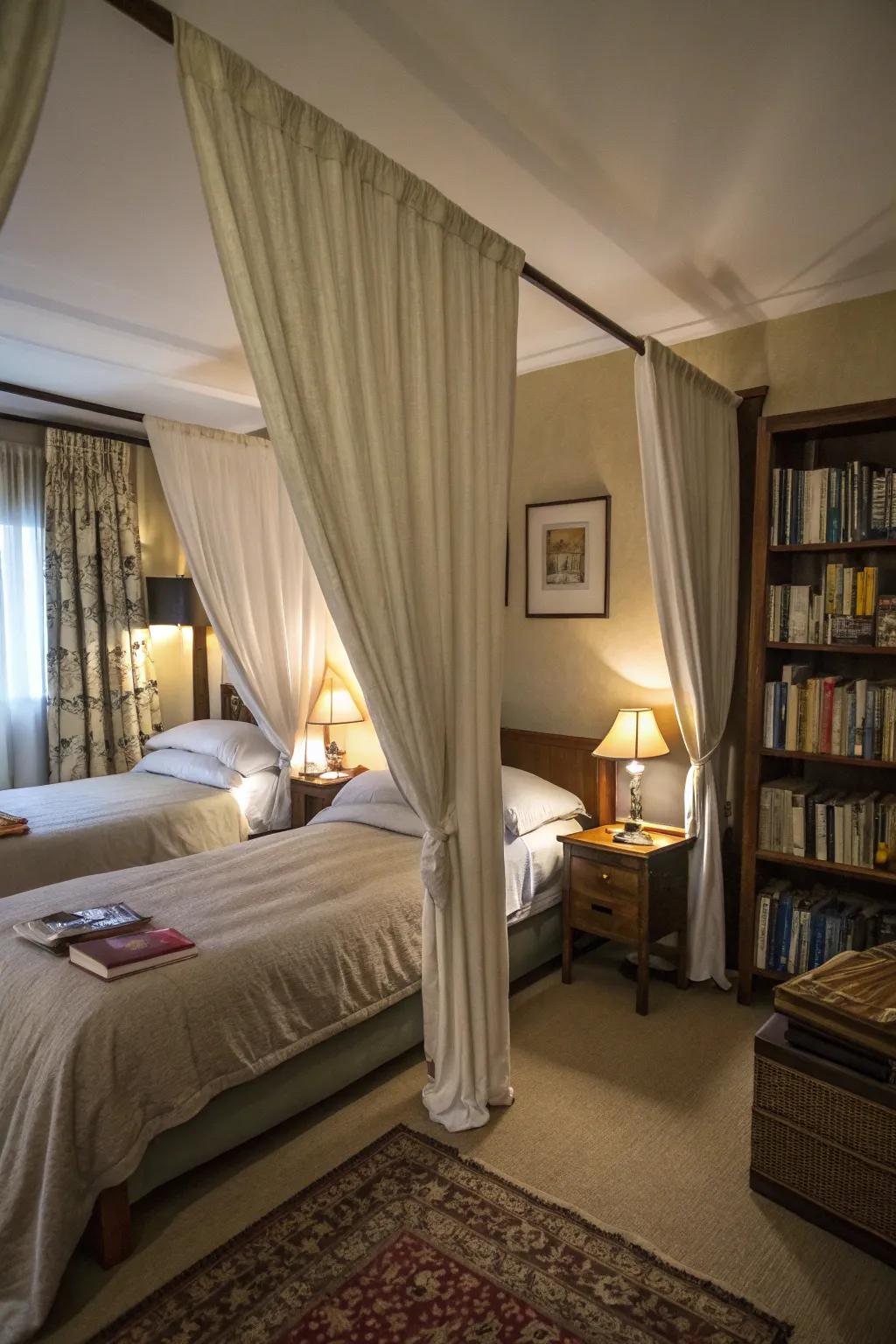 Drapes provide seclusion while maintaining a shared space.