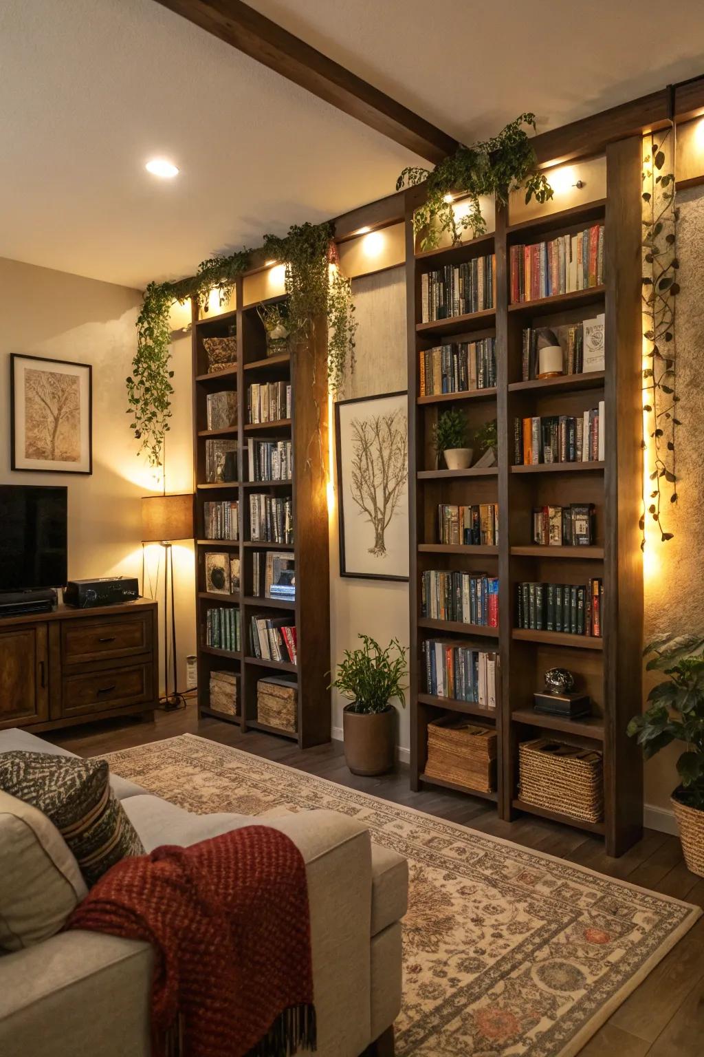 Vertical elements that draw the eye upward and broaden the space.