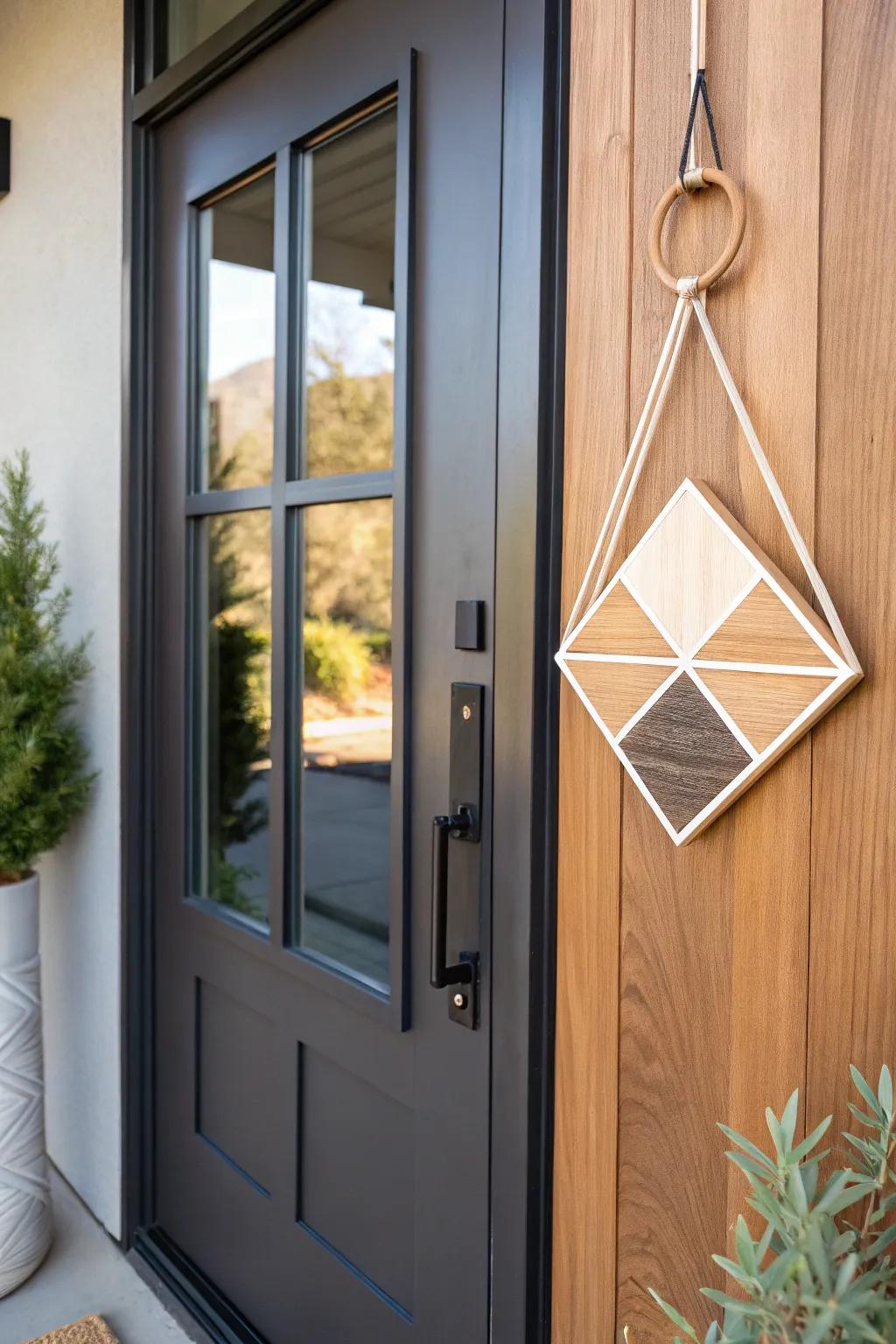 A geometric timber door adornment that incorporates artistic flair.