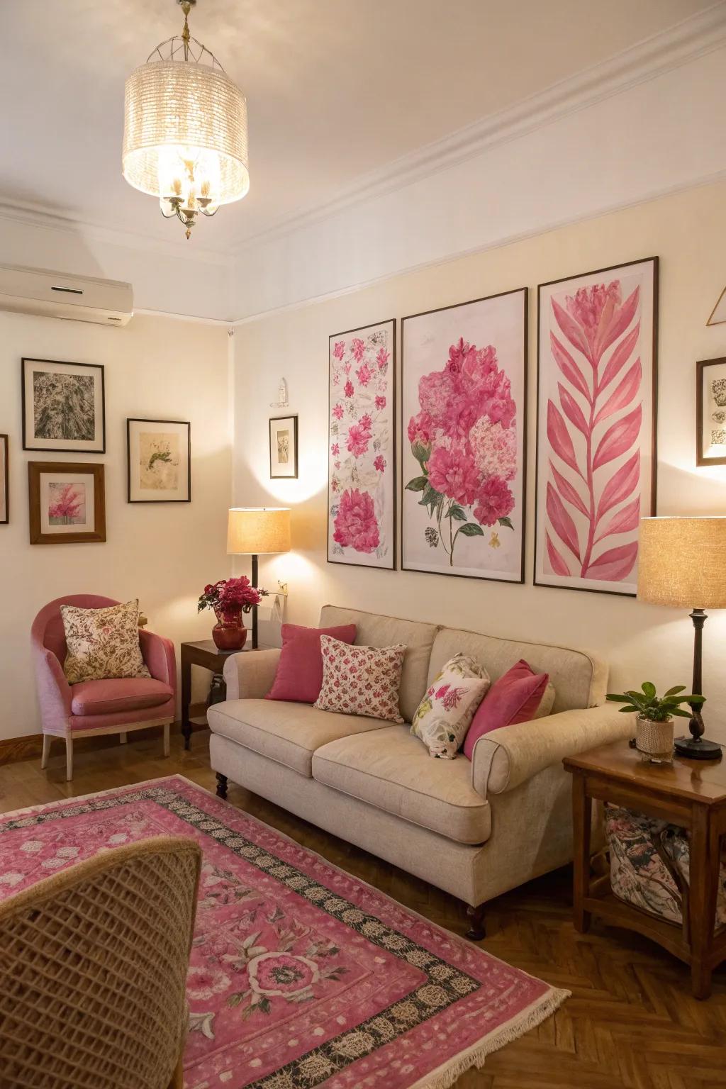 Rose artwork contributes individuality and character to the room.