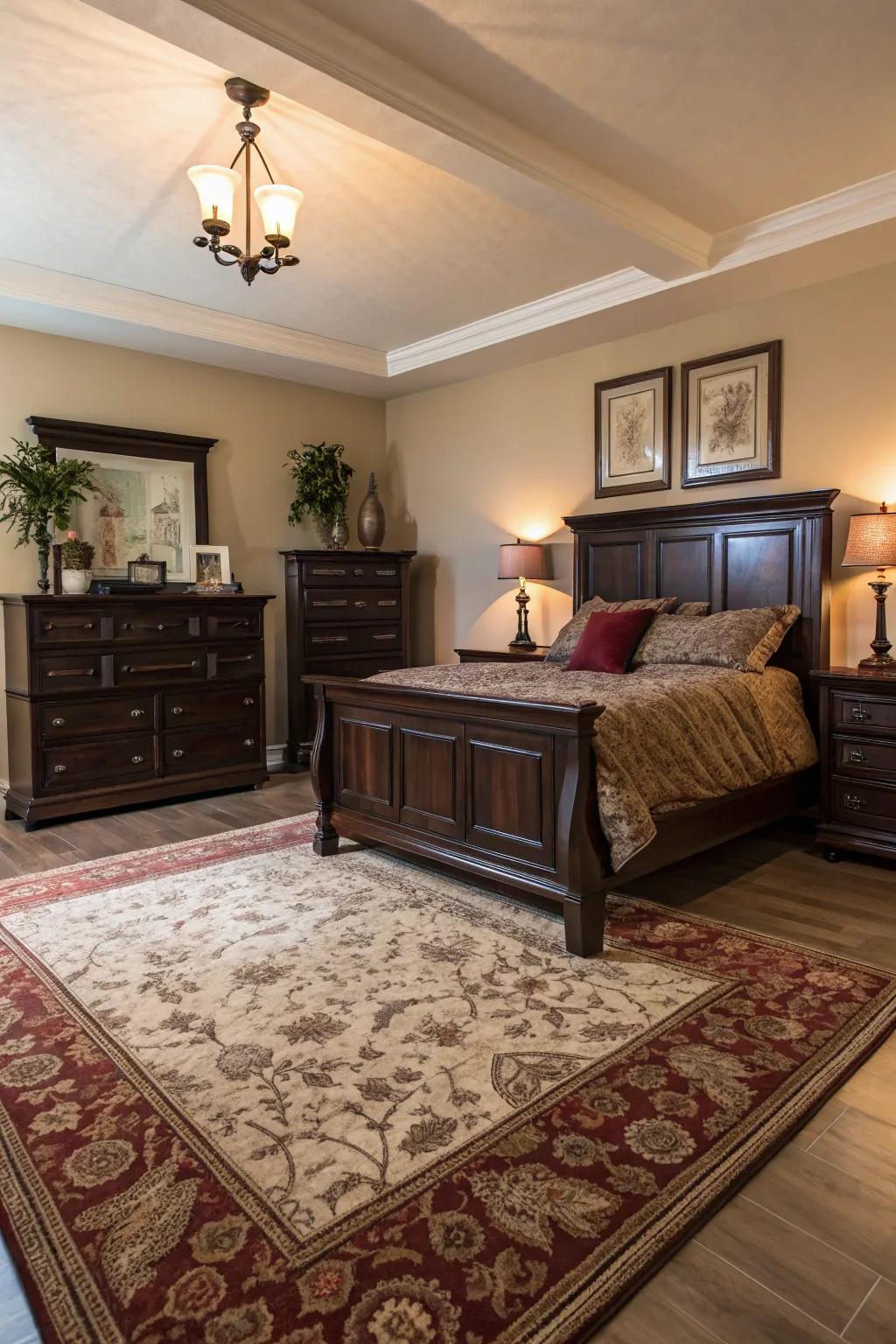 Statement floor coverings intensify the cohesiveness and luxury of a setting.