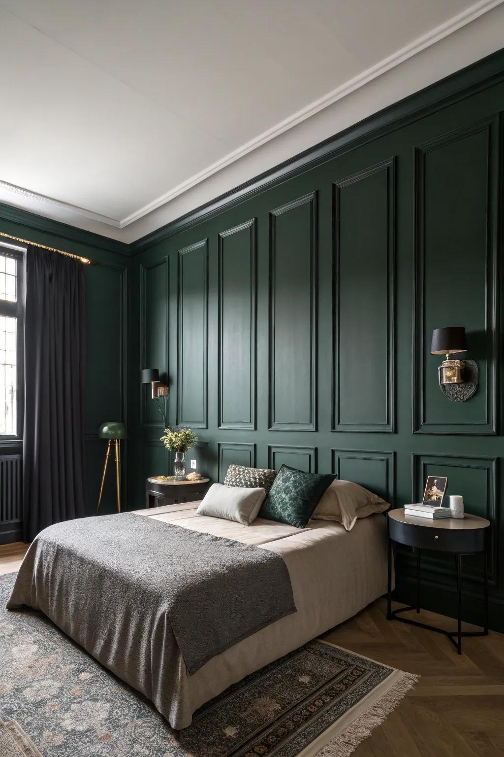 Ebony wainscoting against deep green walls exudes classic elegance.