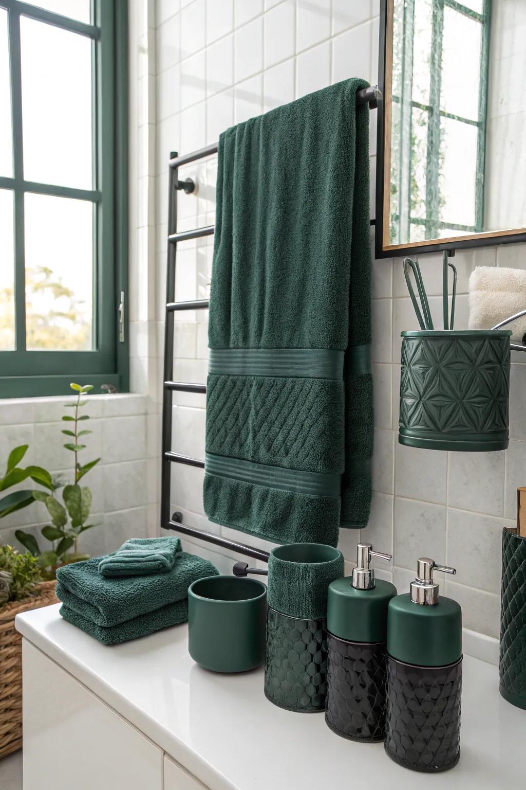 Elegant green textiles introduce warmth and depth.