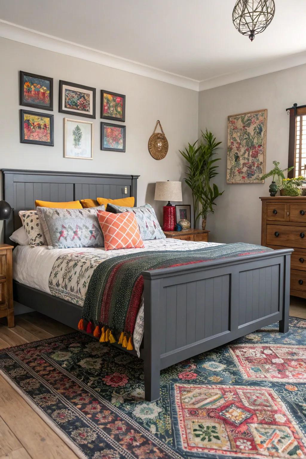 An eclectic mix of styles brings personality to a grey-themed bedroom.