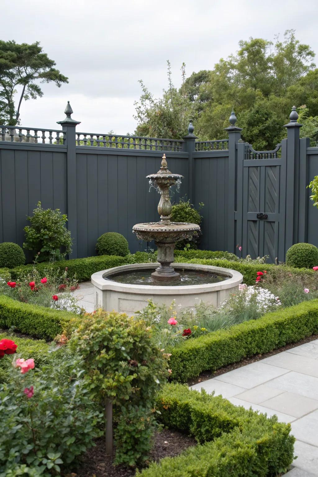 A charcoal-toned fence draws attention to a beautiful water fountain as a garden centerpiece.