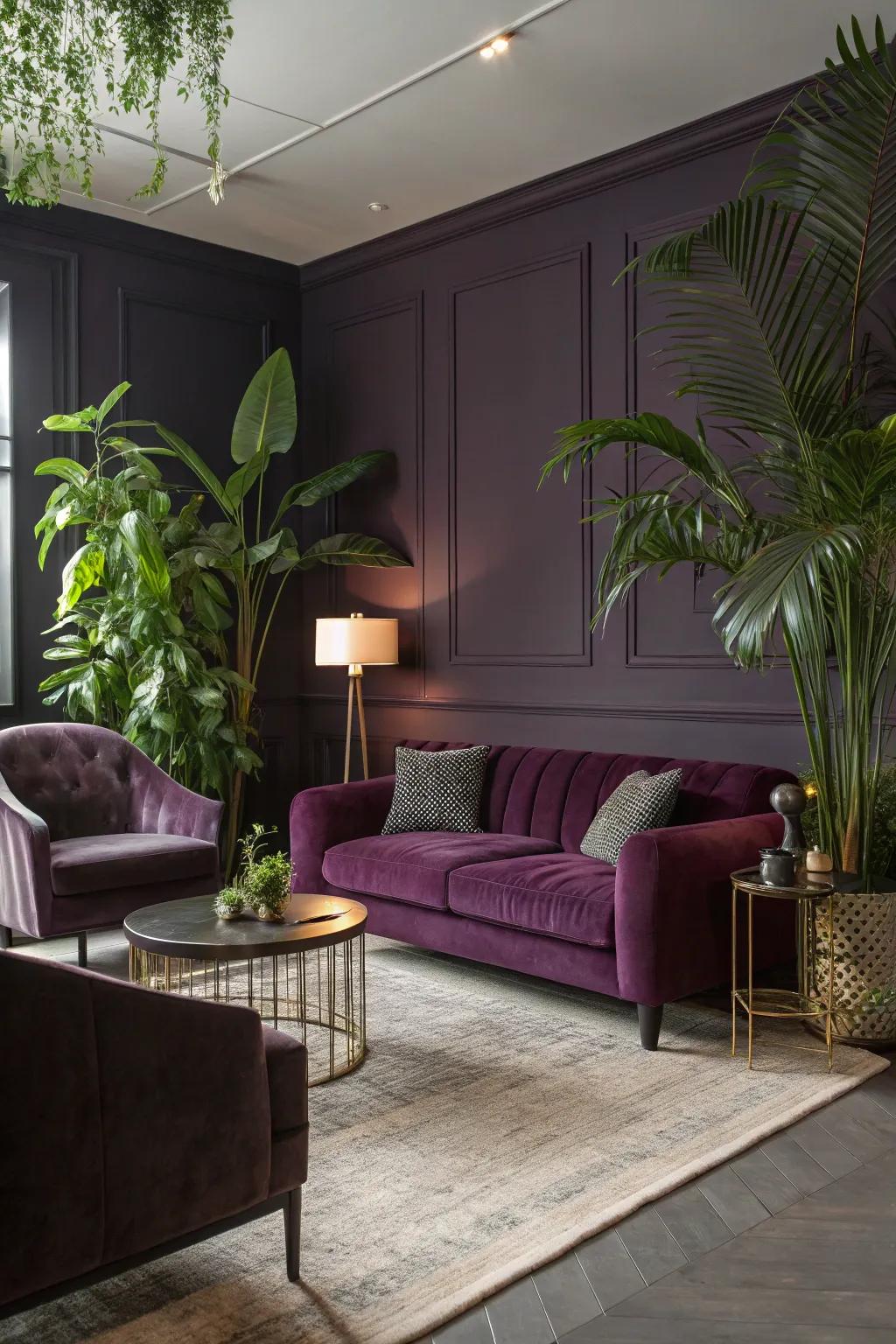 Lush verdant plants add a fresh touch to this deep violet living area.