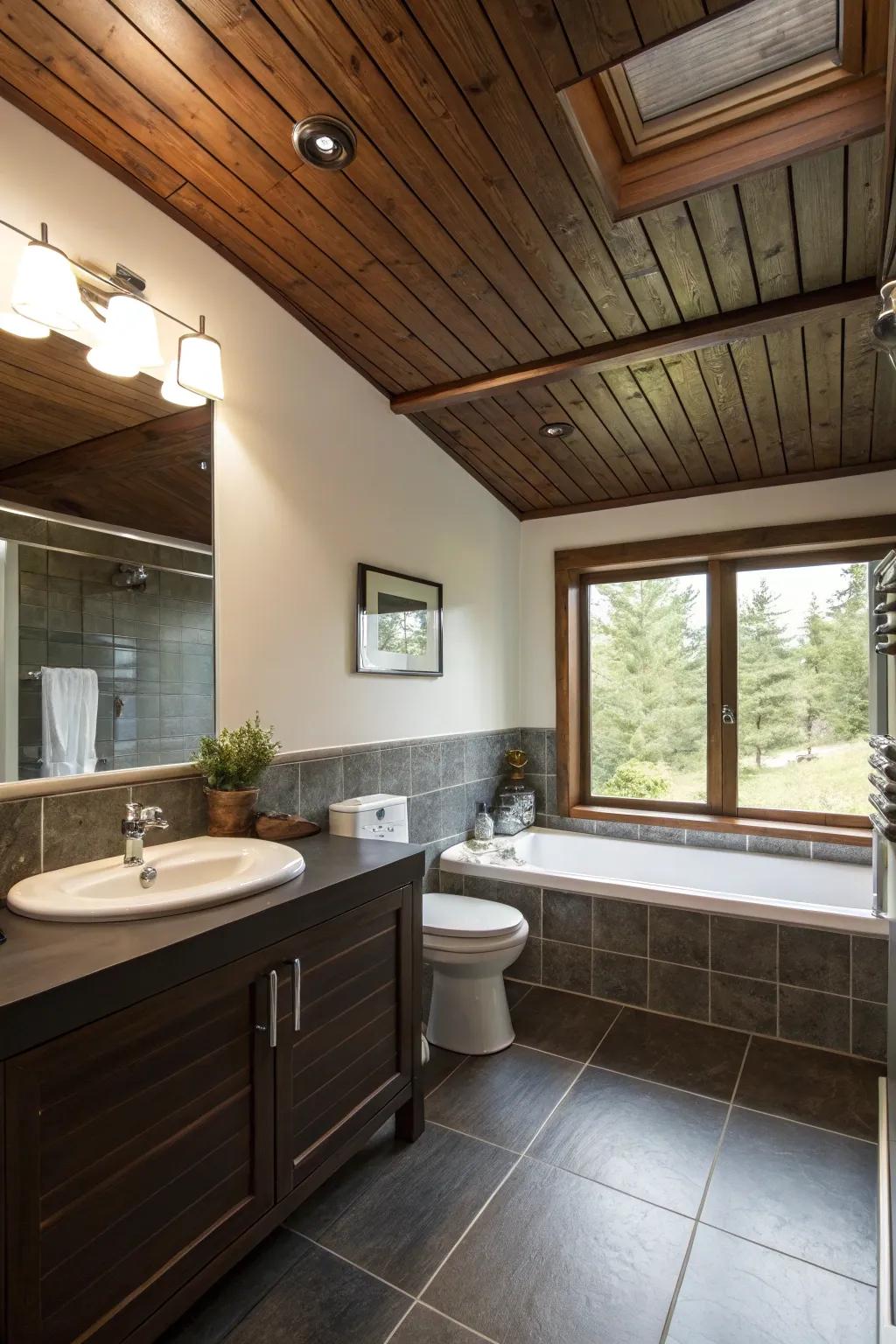 A deep wood accent ceiling introduces an unexpected element to this bathroom.
