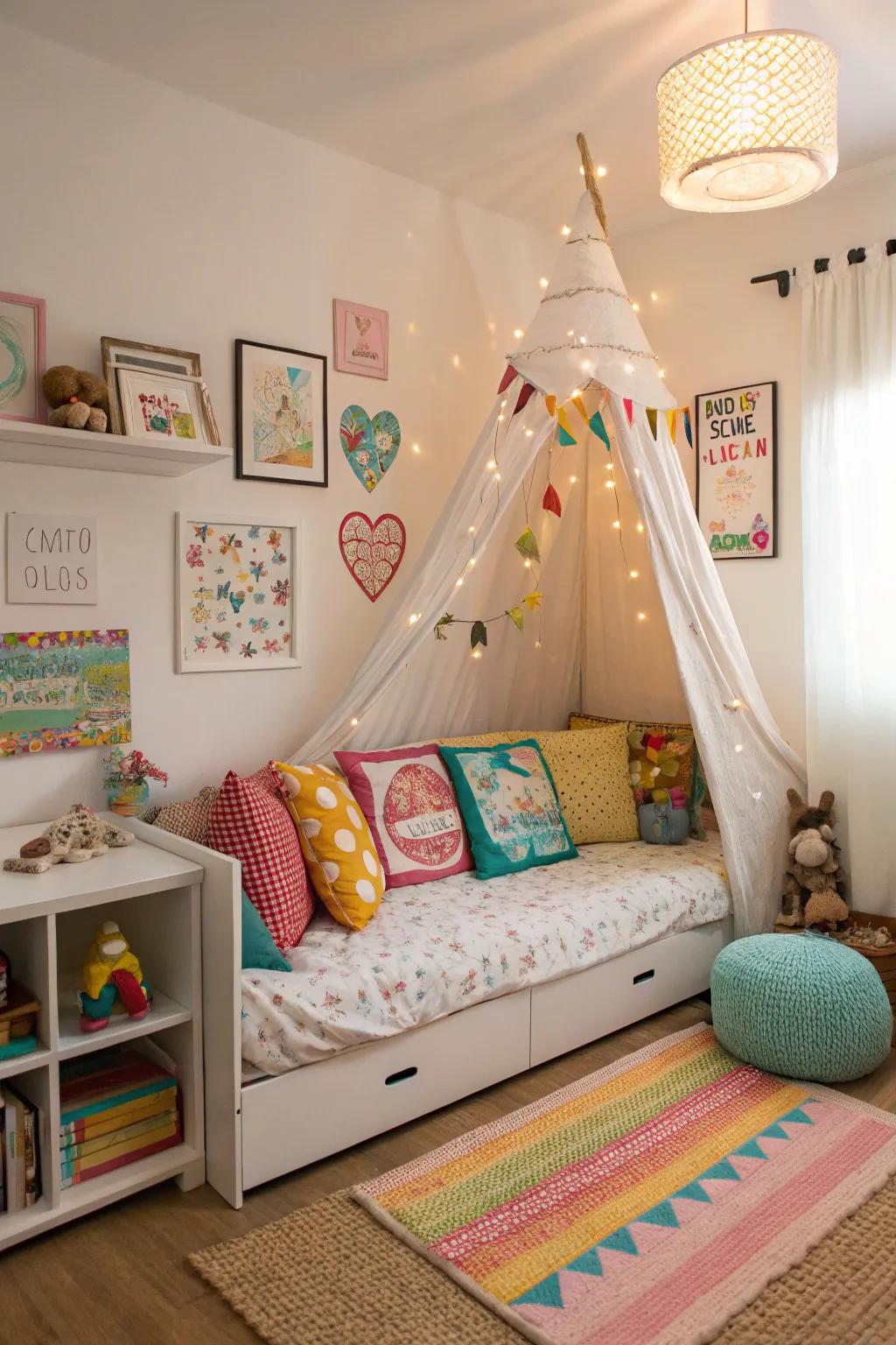 A child-friendly daybed arrangement featuring playful hues and soft textures.