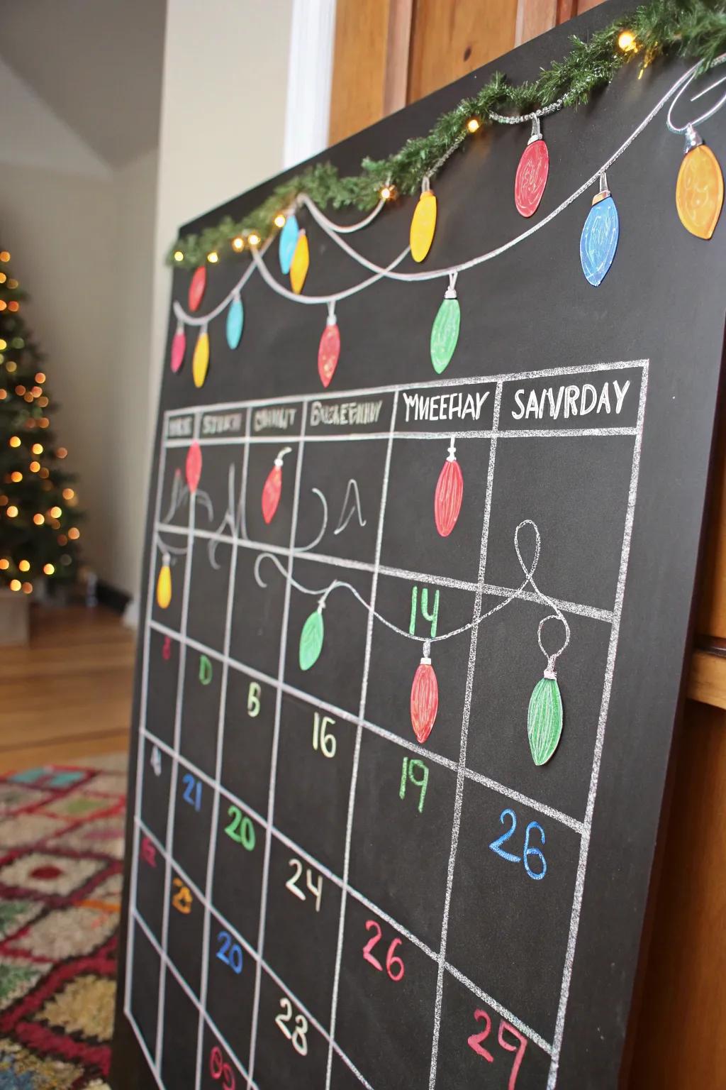 A bright and cheerful chalkboard calendar featuring holiday illuminations.