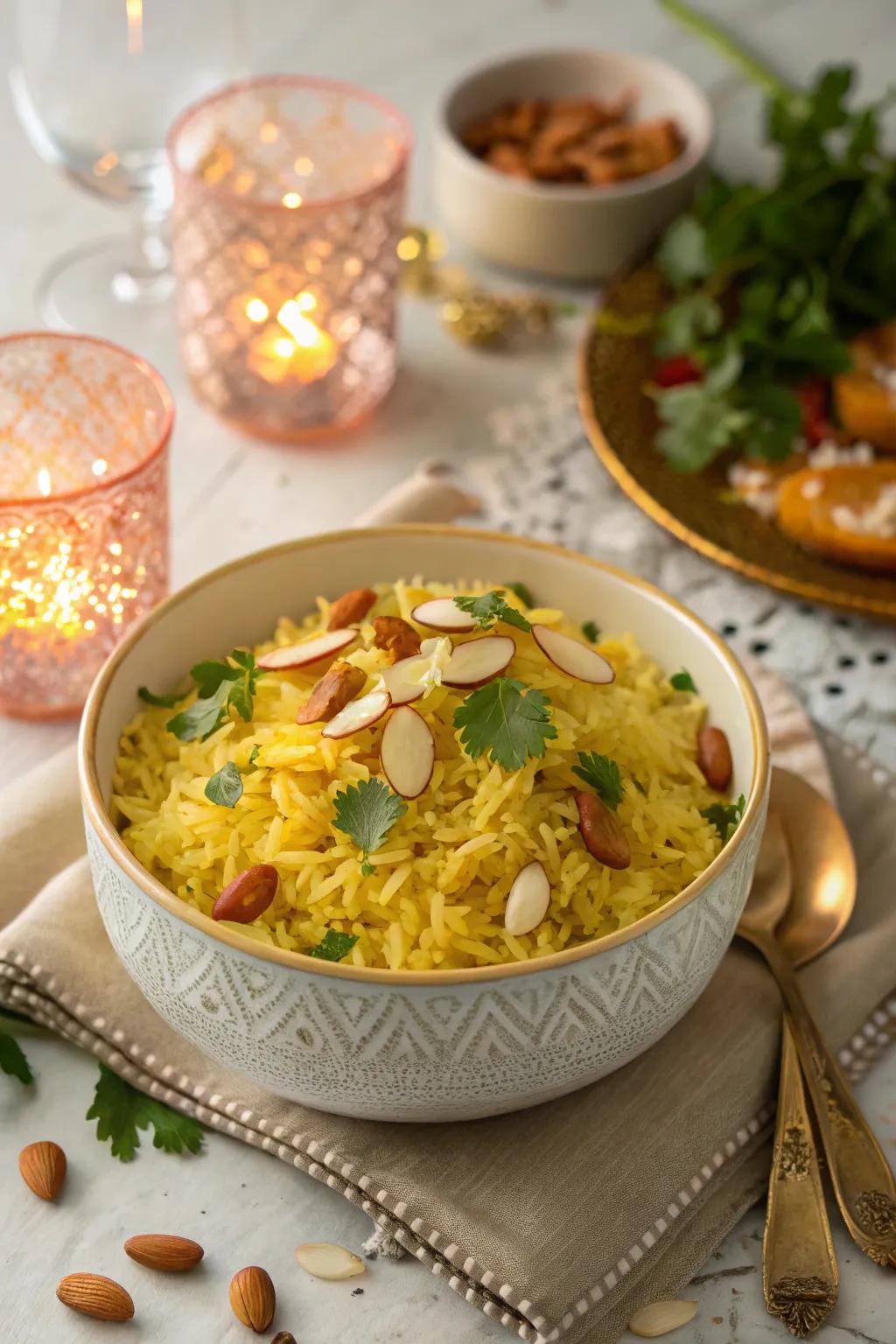 Saffron rice with almonds, an elegant and fragrant side dish for December.