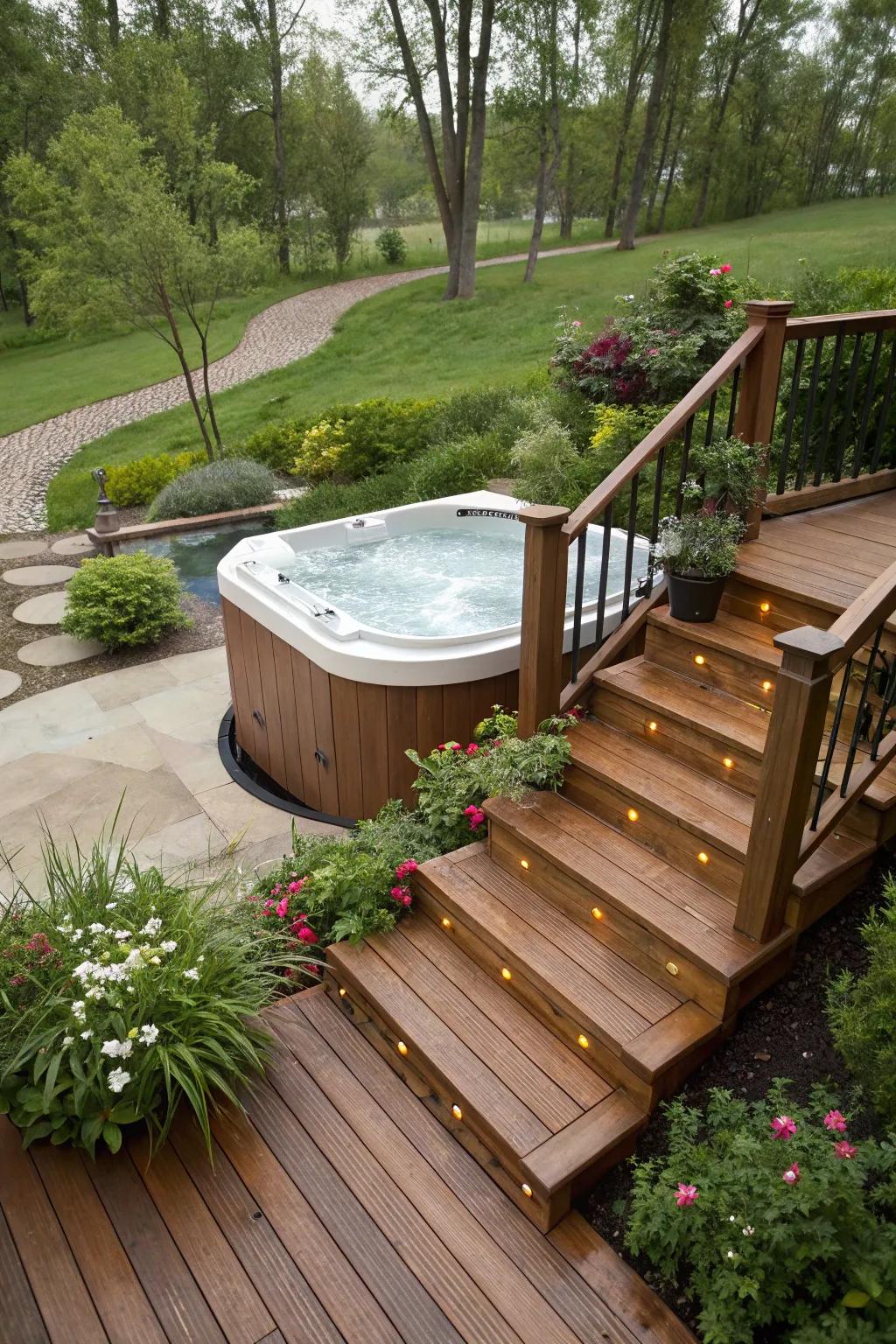 Cascading steps are perfect for an elegant entrance to a hot tub.