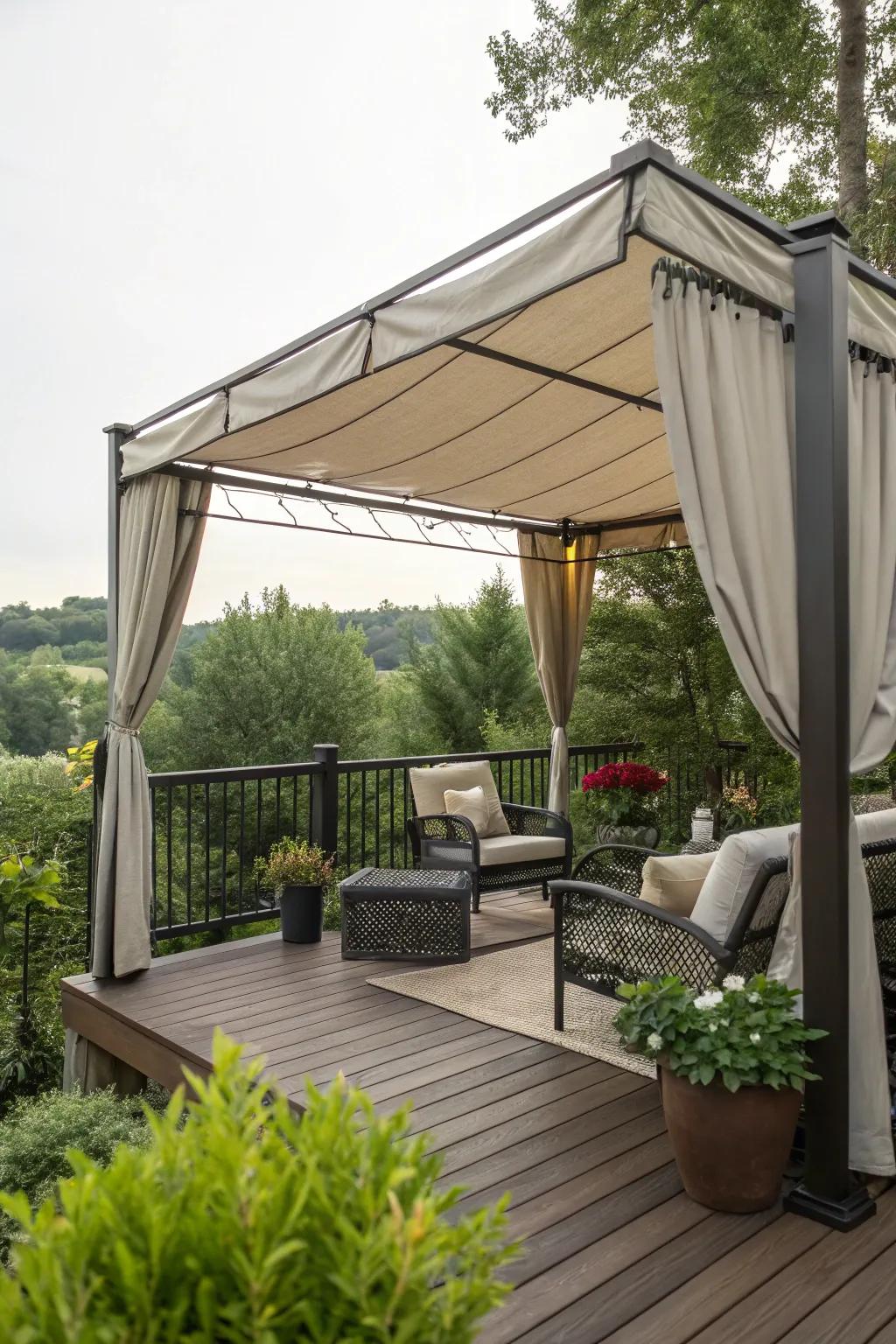 A canopy cover delivering comforting overhead seclusion.