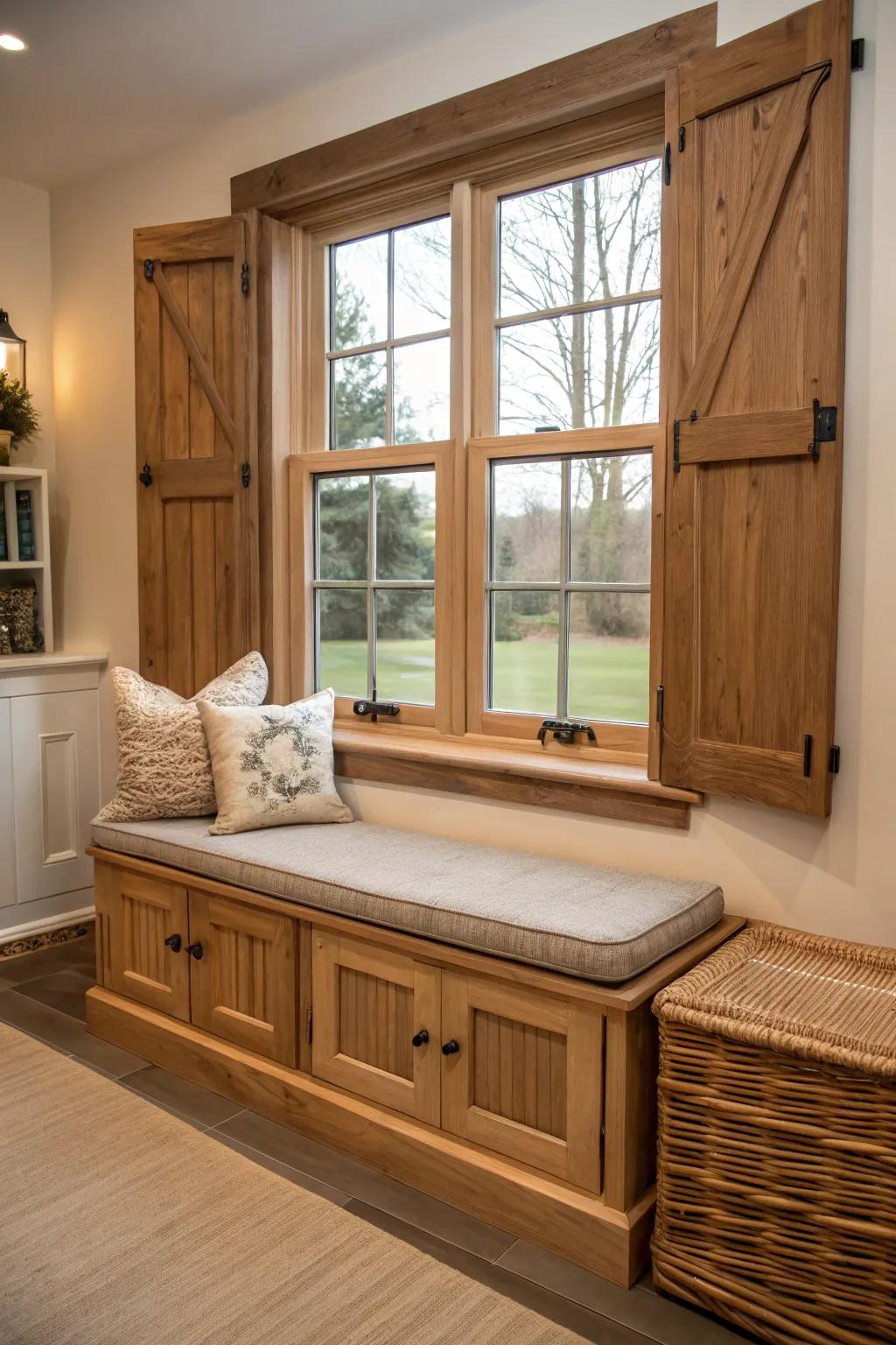 A bench below a window enhances functionality and provides extra seating.
