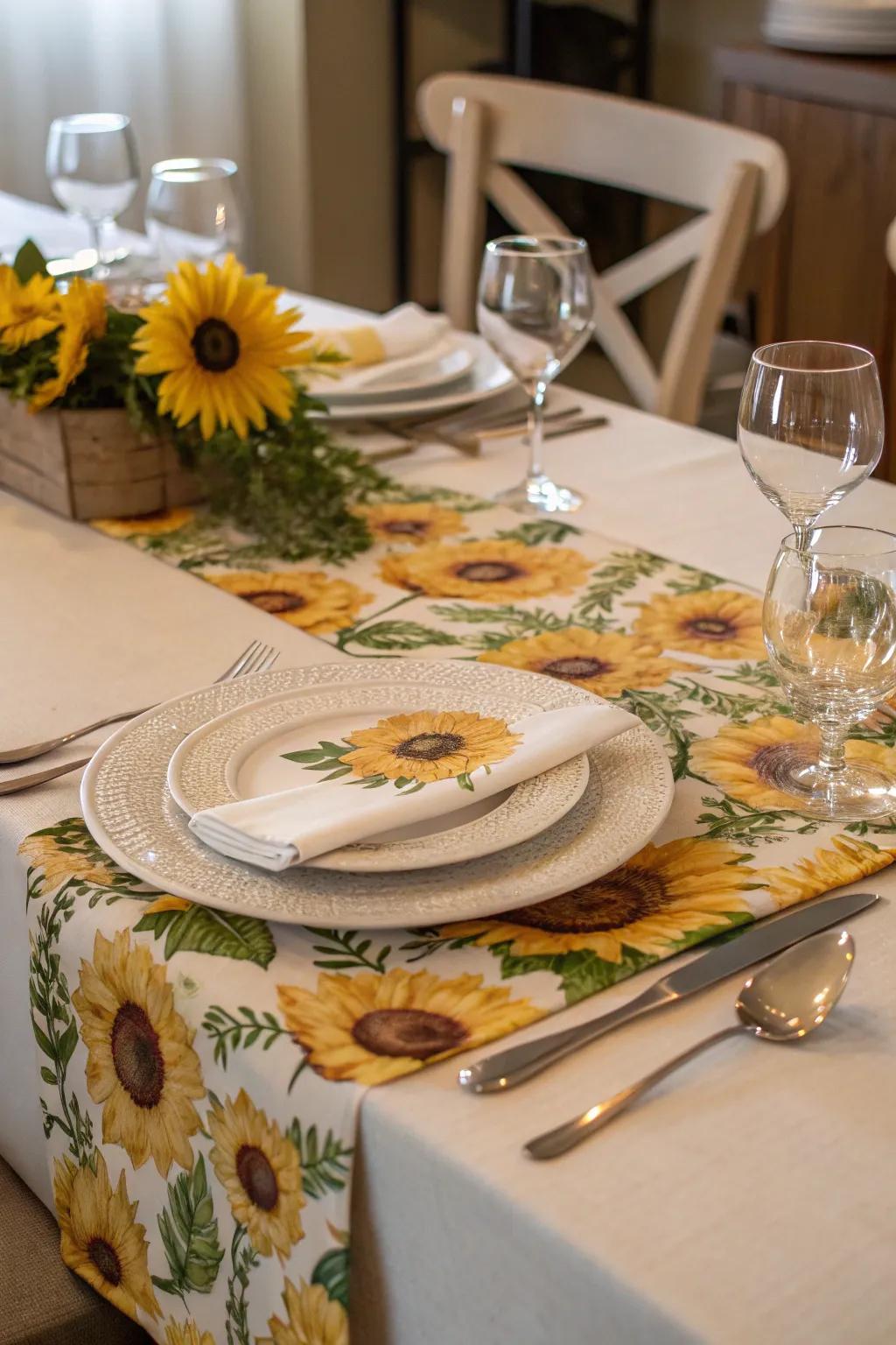 A sunflower table runner appends elegance and flair to your dining arrangement.