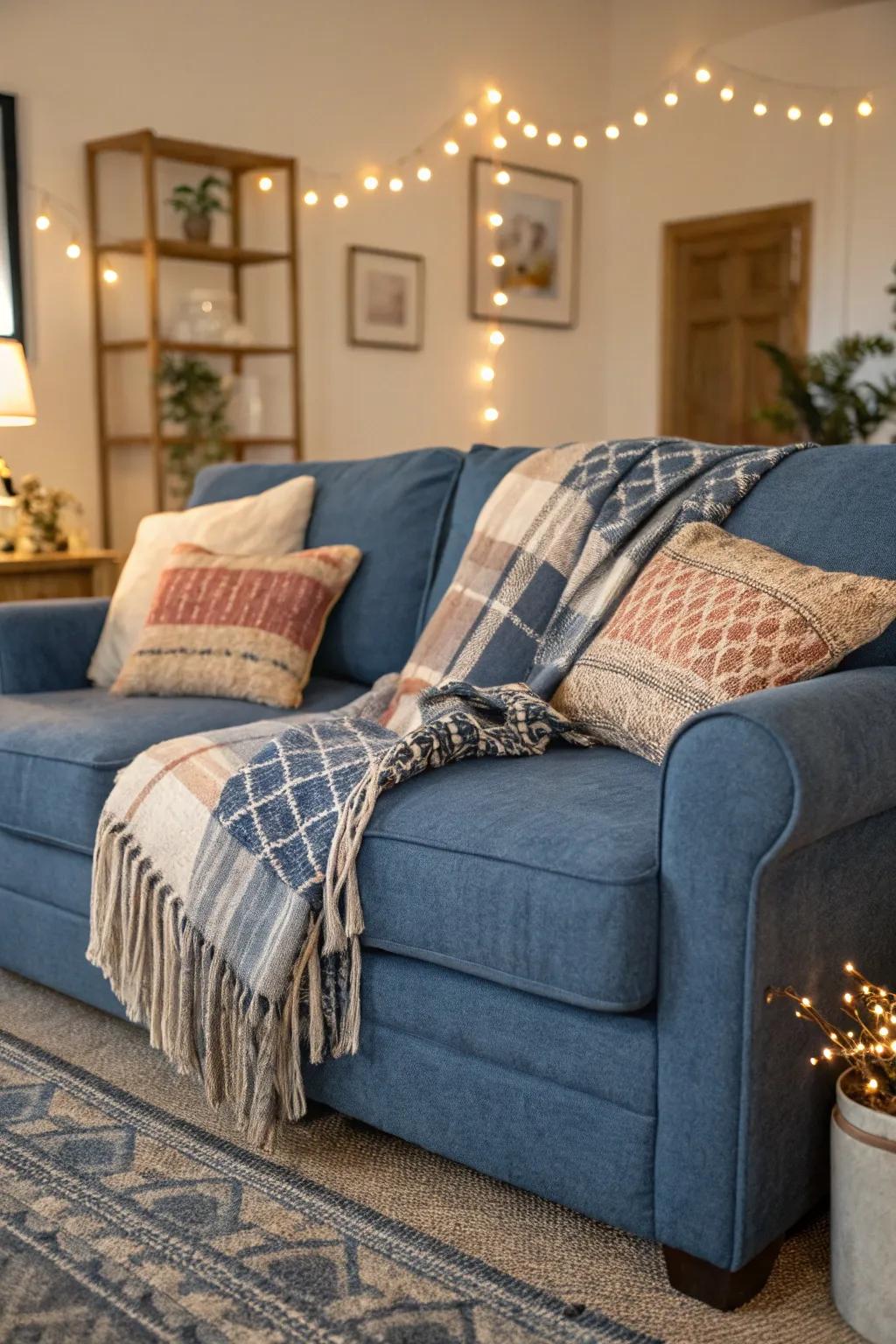 Superimposing injects warmth and comfort into a cerulean couch.