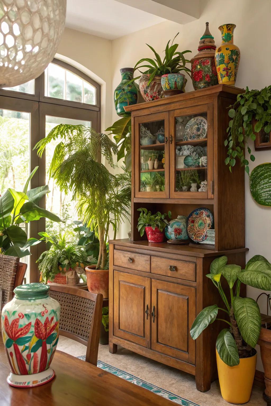 Decorative touches and flora infuse vitality and character into cabinets.