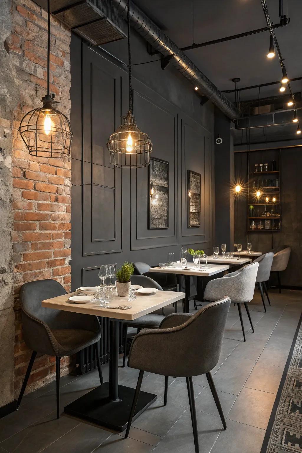 An intimate dining space wrapped in the mystery of graphite gray.