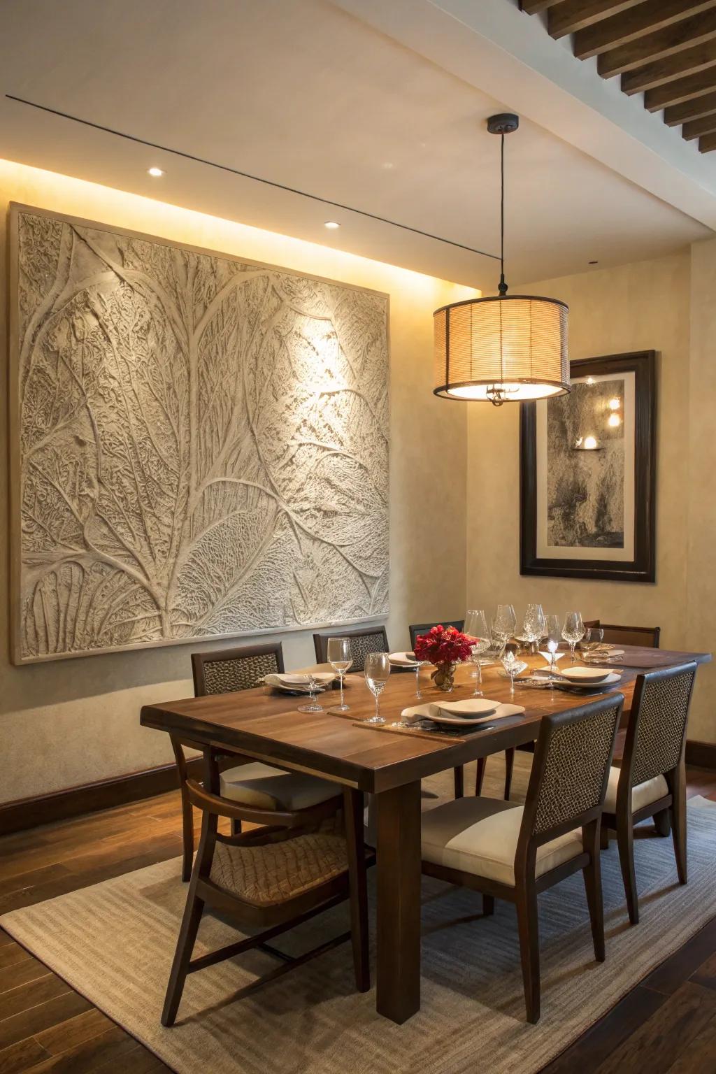 A grand canvas serves as a daring focal element within the dining room.