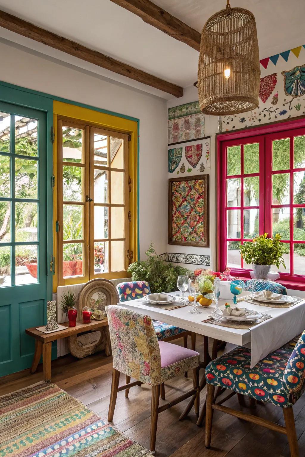 Vibrant frames inject personality and a burst of color into your dining room windows.