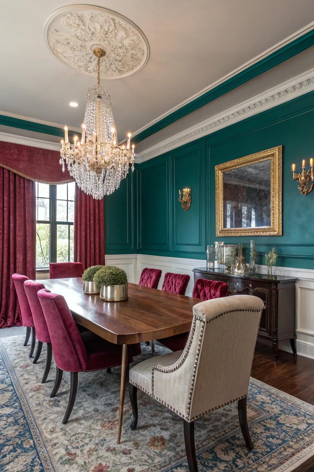 Vibrant gemstone hues contribute depth and luxury.