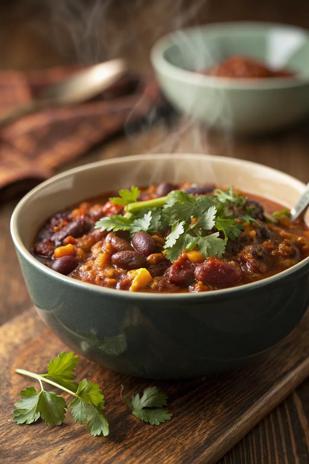 A hearty vessel of vegetable chili, adorned with cilantro.