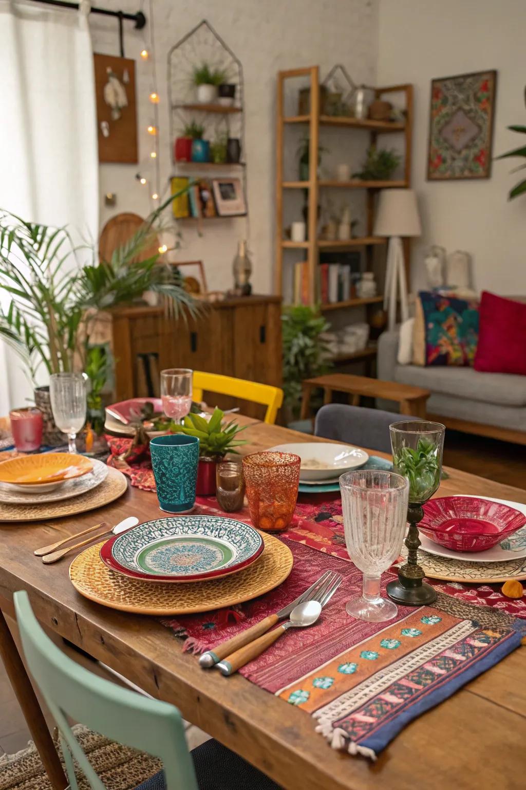 A bohemian table setting featuring mismatched dishes and textiles.