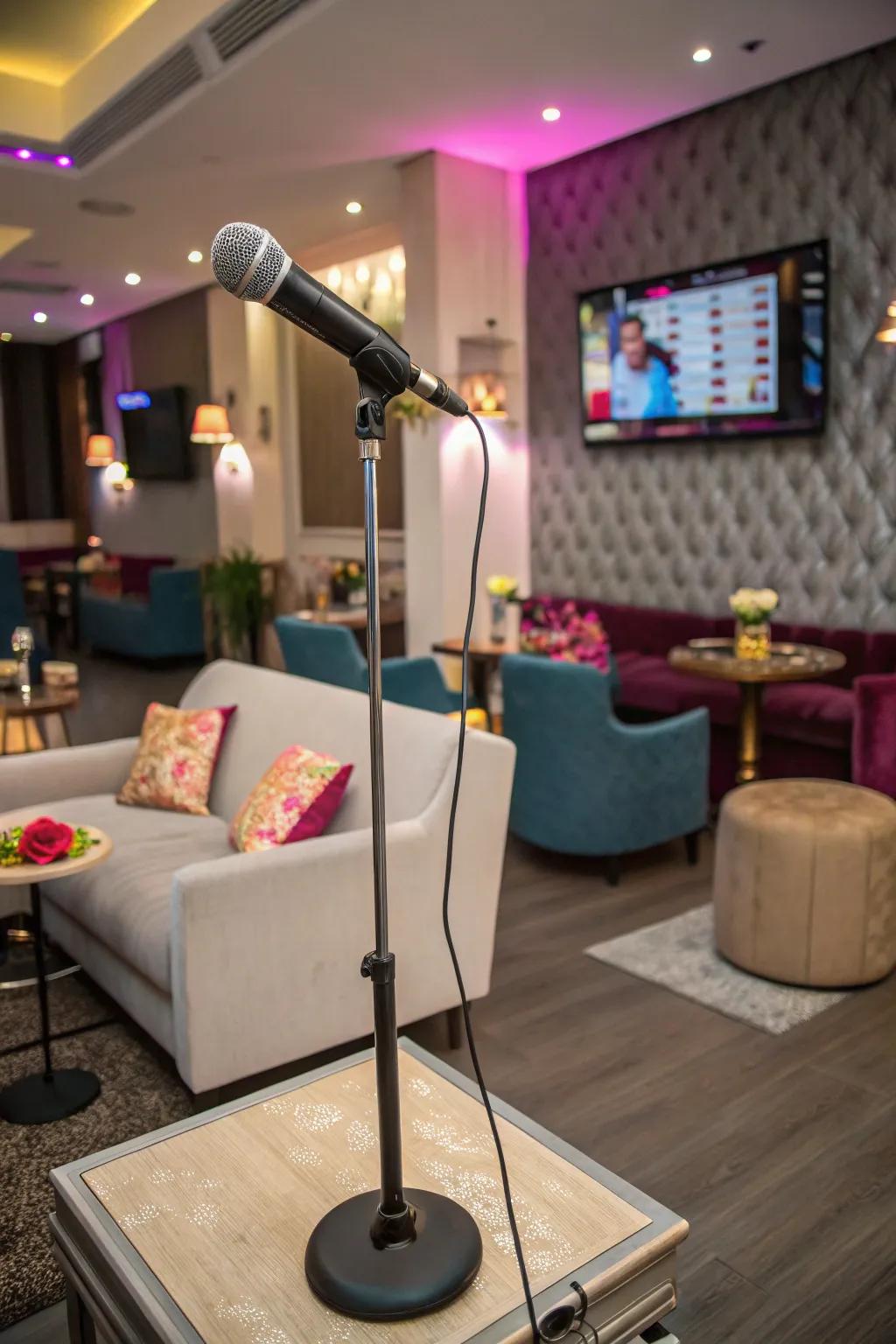 A harmonious recitation alcove entices attendees to embody their inner disco luminaries for engaging collective singing.
