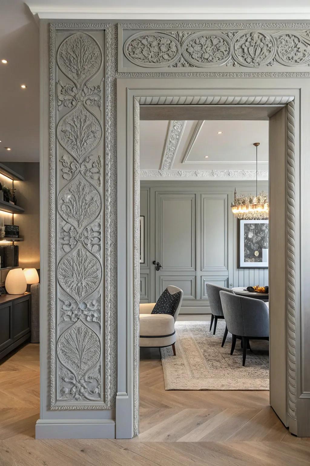 Textural finishes on door trim infuse visual opulence into this contemporary interior.