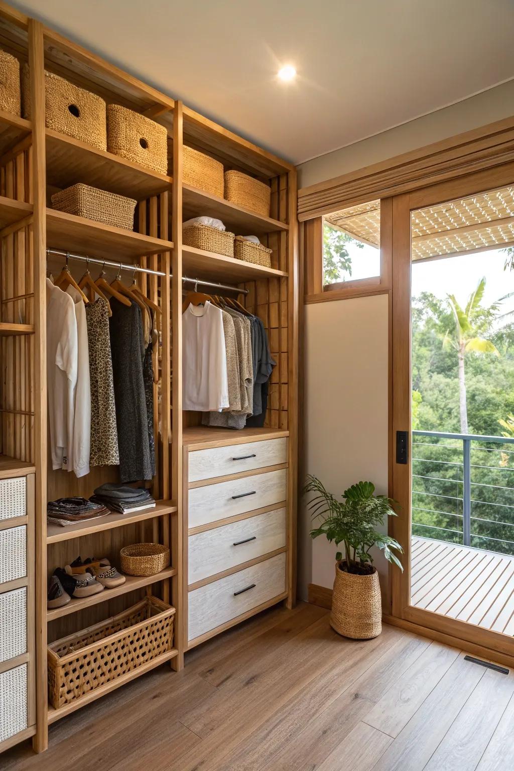 Eco-friendly materials bring sustainability and charm to a double closet.