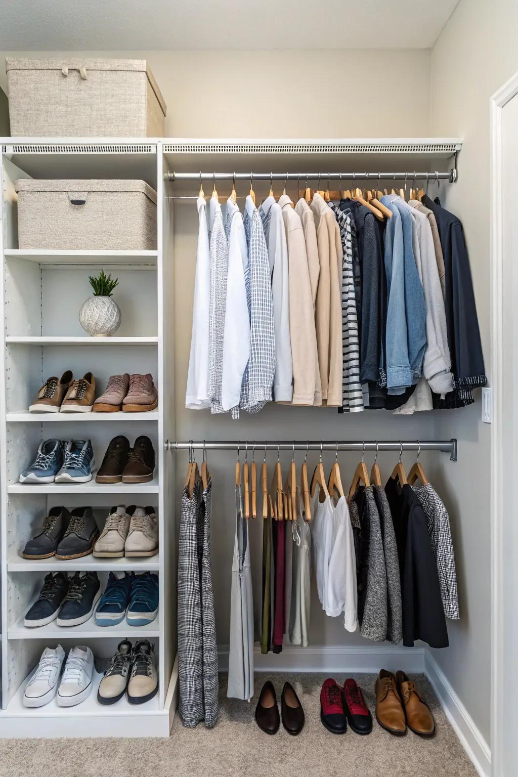 Footwear shelves maximize space and keep footwear in order.