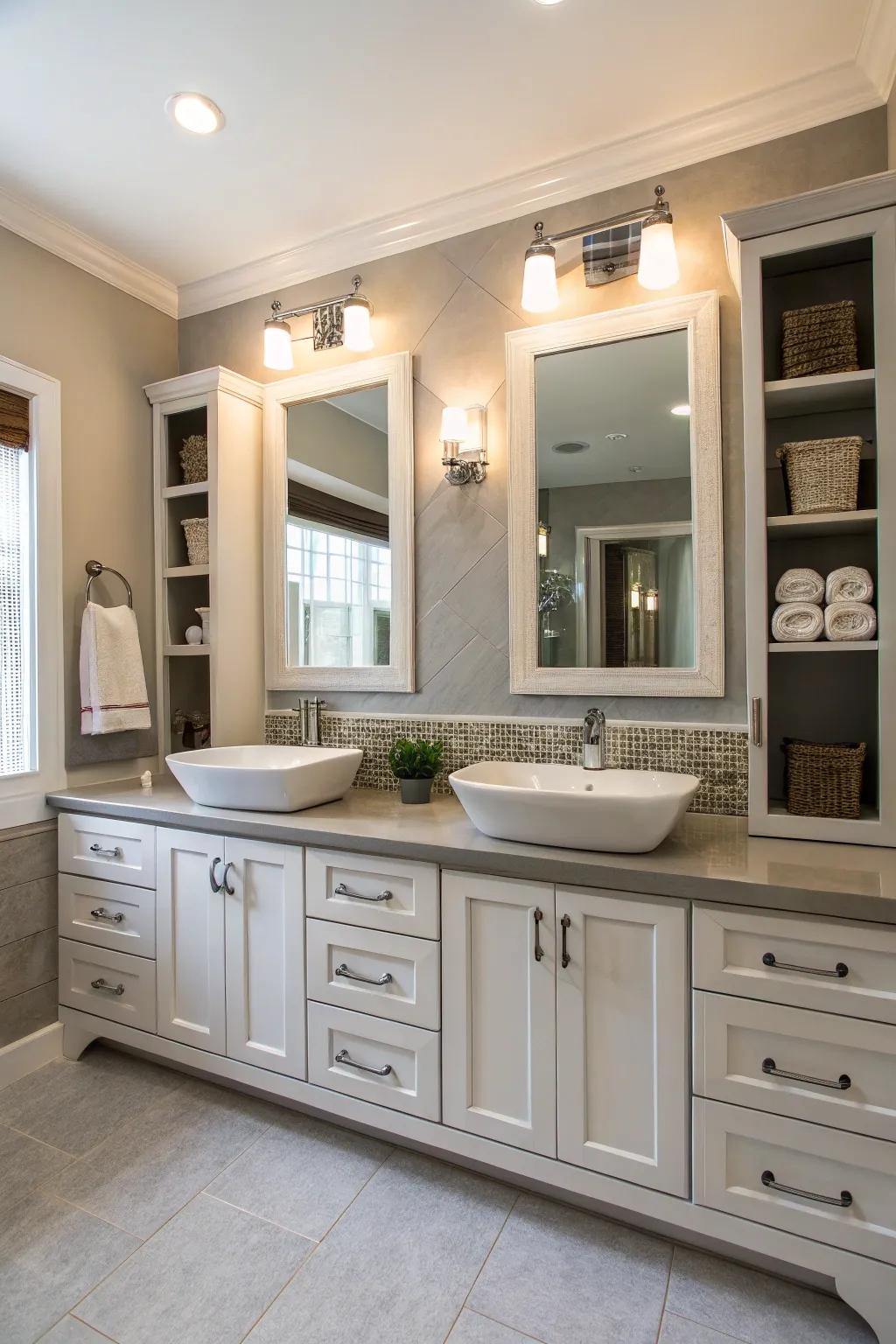 Double storage solutions maintain an organized vanity.