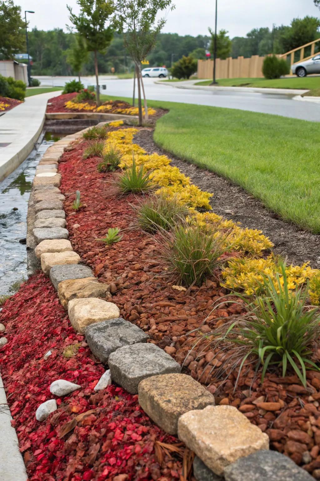Colorful mulches introduce vibrant splashes of color to a drainage swale.