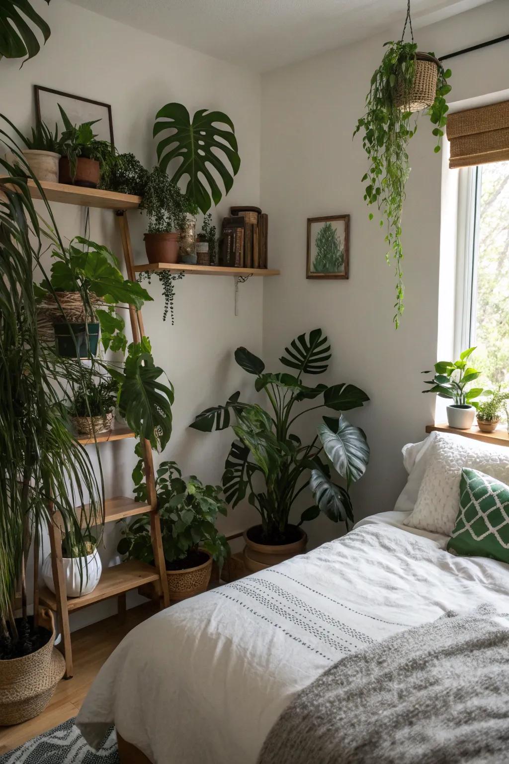Deep green plants inject life and contrast into the room.