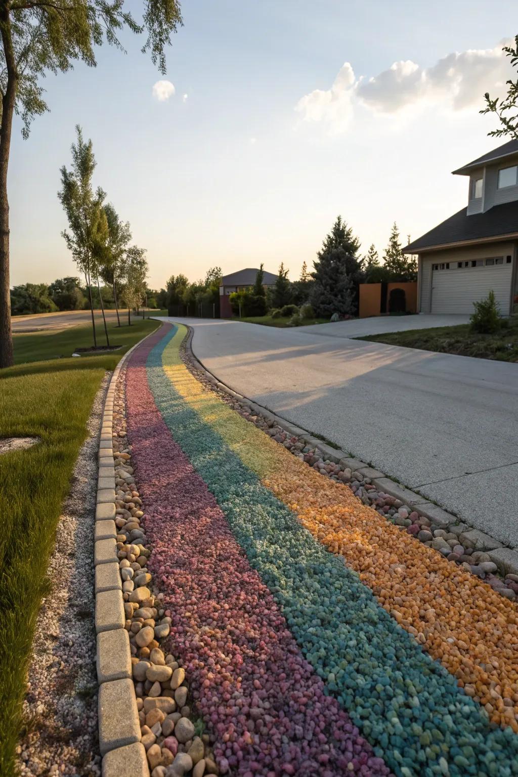 Chromatic gravel imparts a vibrant nuance to this berm.
