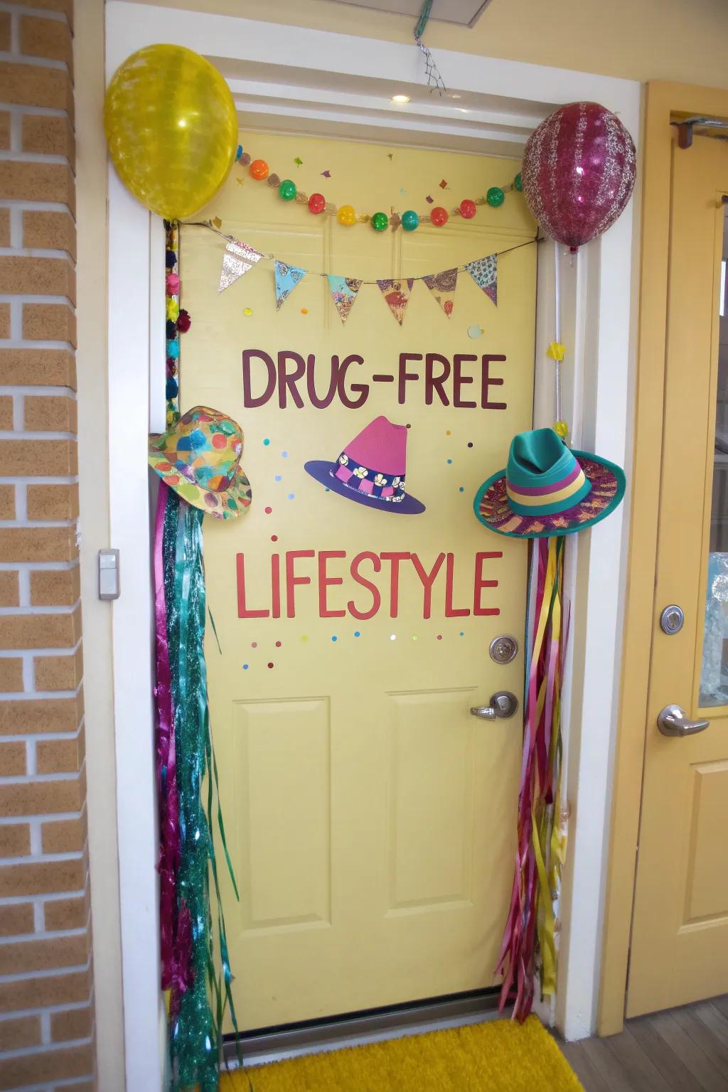 A party-themed entrance decor celebrating a substance-free life.
