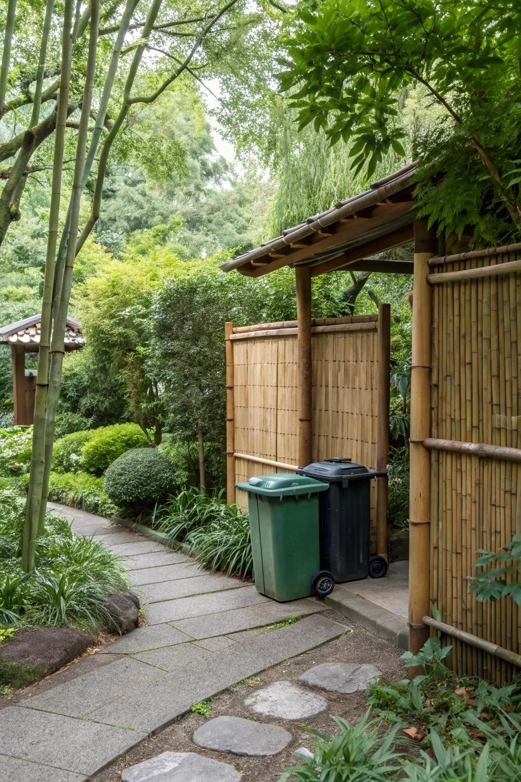 Arundo screens proffer a straightforward and eco-conscious method of concealing receptacles.