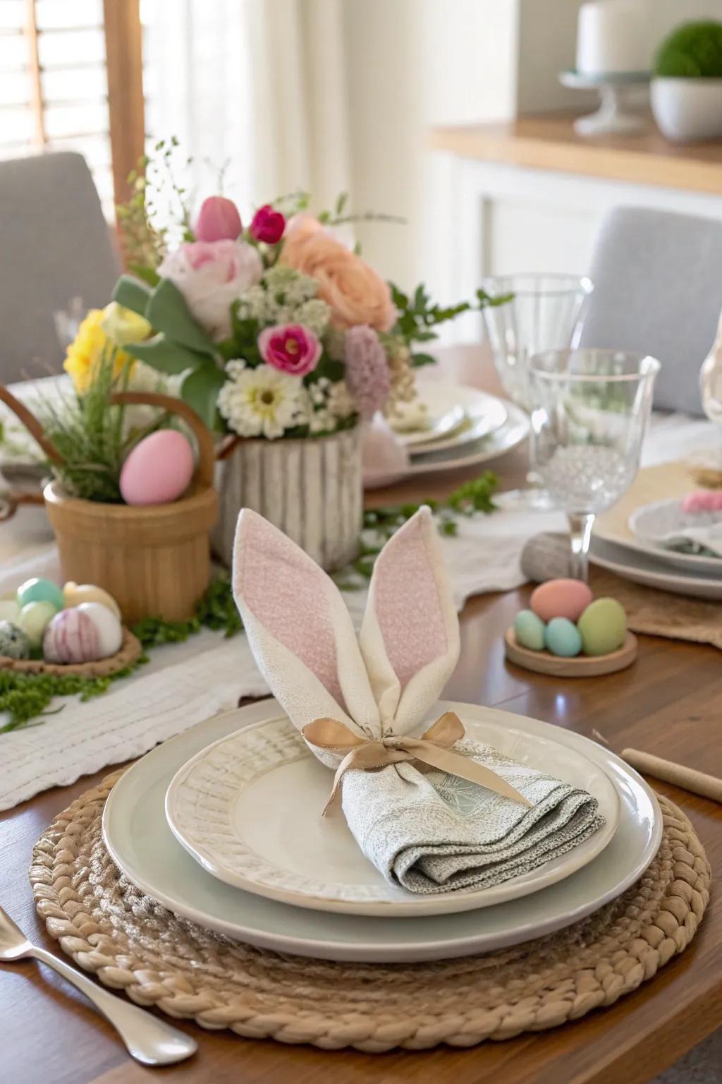 Hare ear napkin bands add a whimsical and festive detail to the table.
