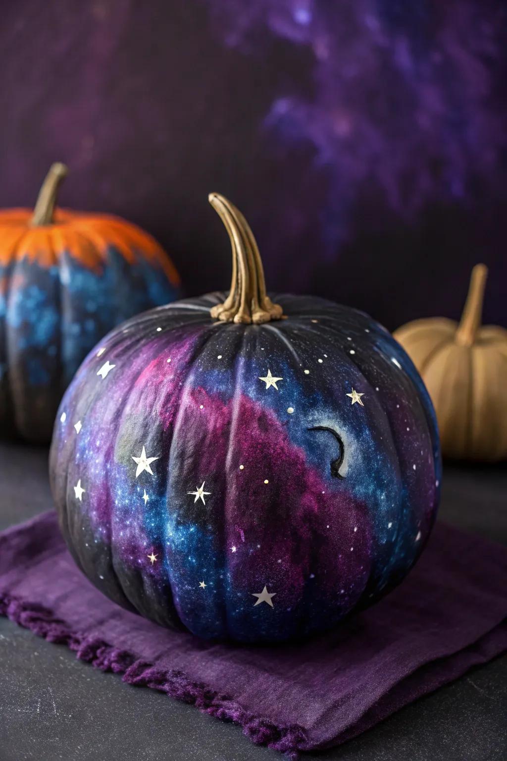 A cosmos-themed pumpkin fashions an otherworldly enhancement to any Halloween arrangement.