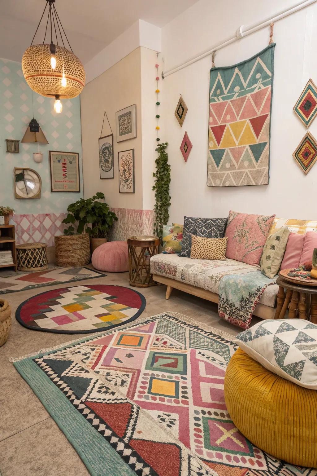 Geometric motifs add a contemporary touch to this diverse room.