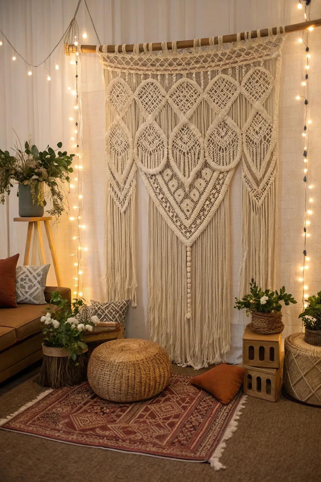 Macrame backdrops impart texture and bohemian charm.