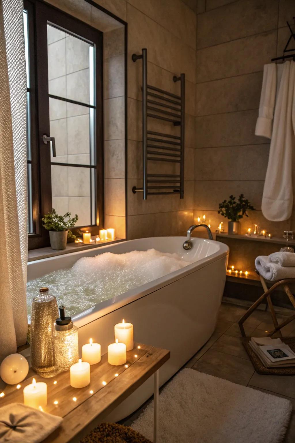 Understated illumination cultivates a relaxing ambiance within this exquisitely designed bathing area.