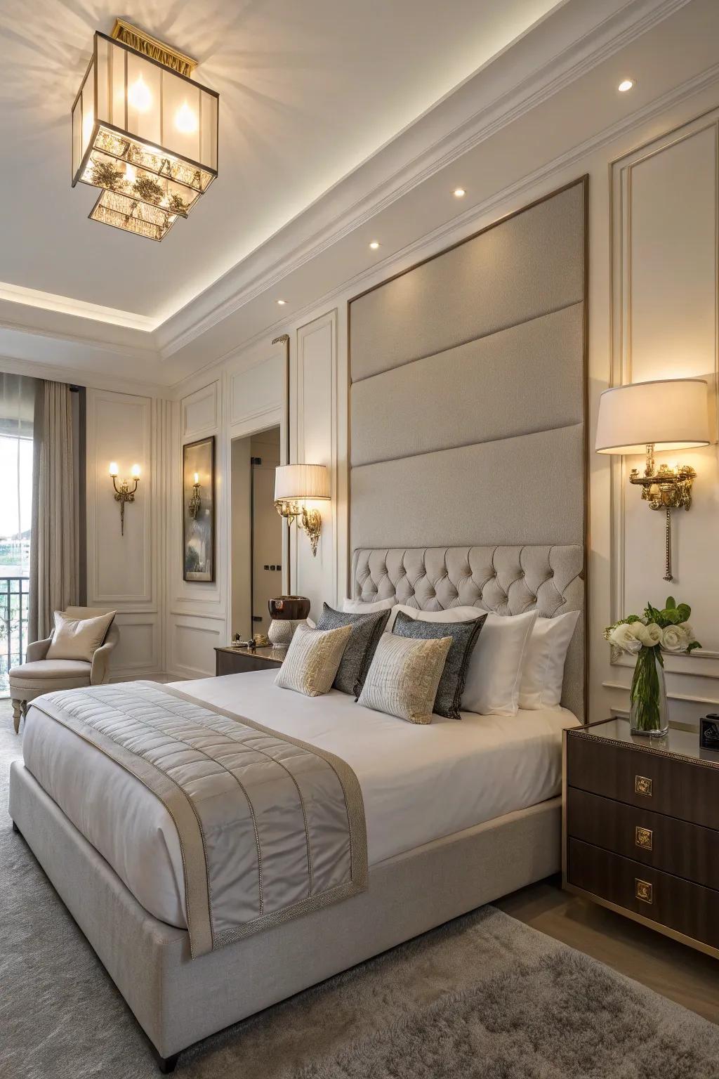A contemporary luxurious bedroom featuring innovative layered lighting.