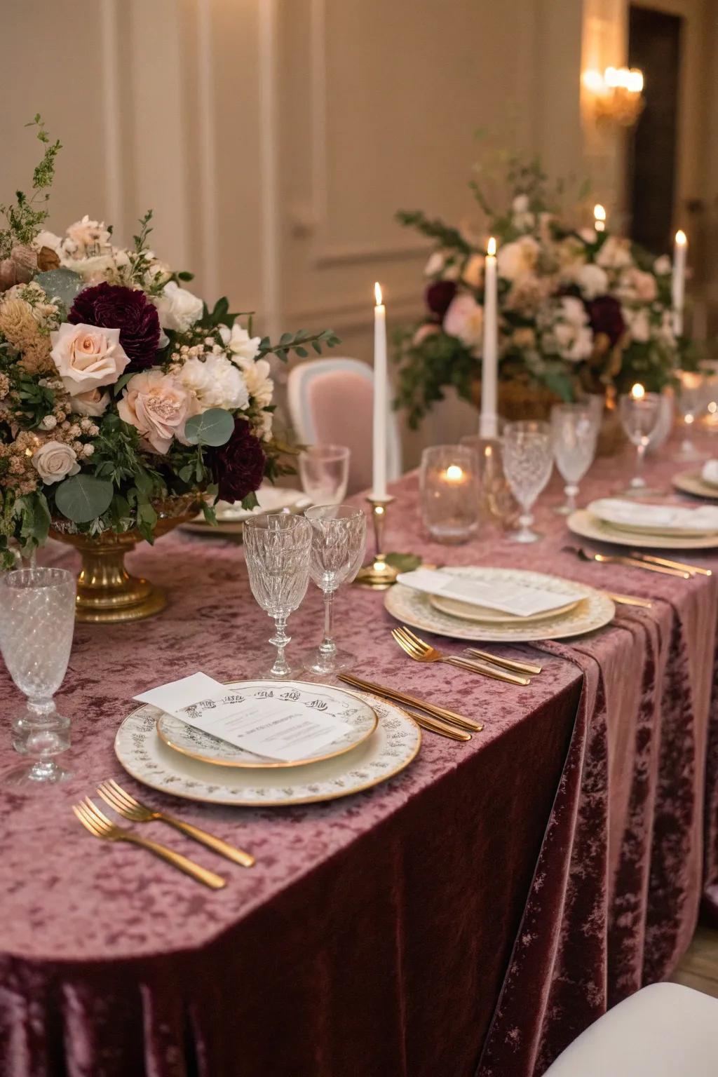 Velvet features inject a glamorous feel to the dining setting.